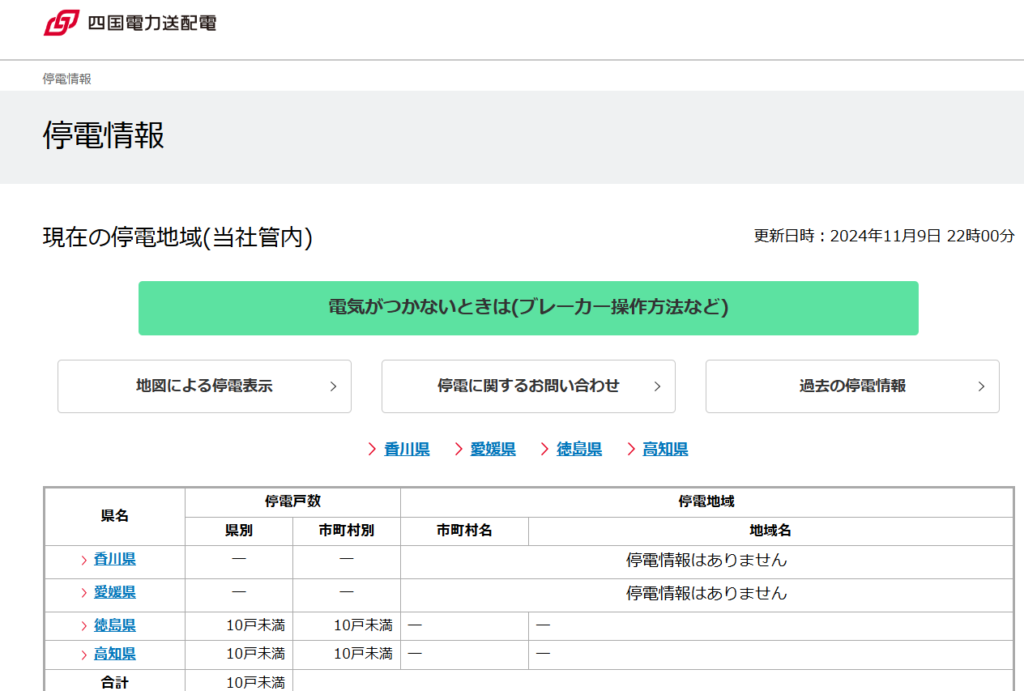 四国全域停電の復旧状況
